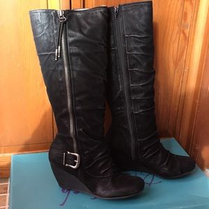 Black suede knee high wedges